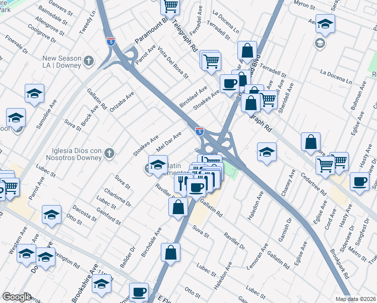map of restaurants, bars, coffee shops, grocery stores, and more near 9151 Brookshire Avenue in Downey