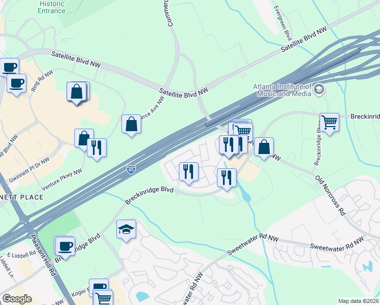 map of restaurants, bars, coffee shops, grocery stores, and more near 3157 Millington Place in Duluth