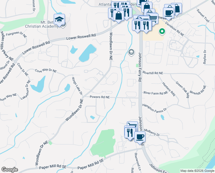 map of restaurants, bars, coffee shops, grocery stores, and more near 4645 Wynmeade Park Northeast in Marietta