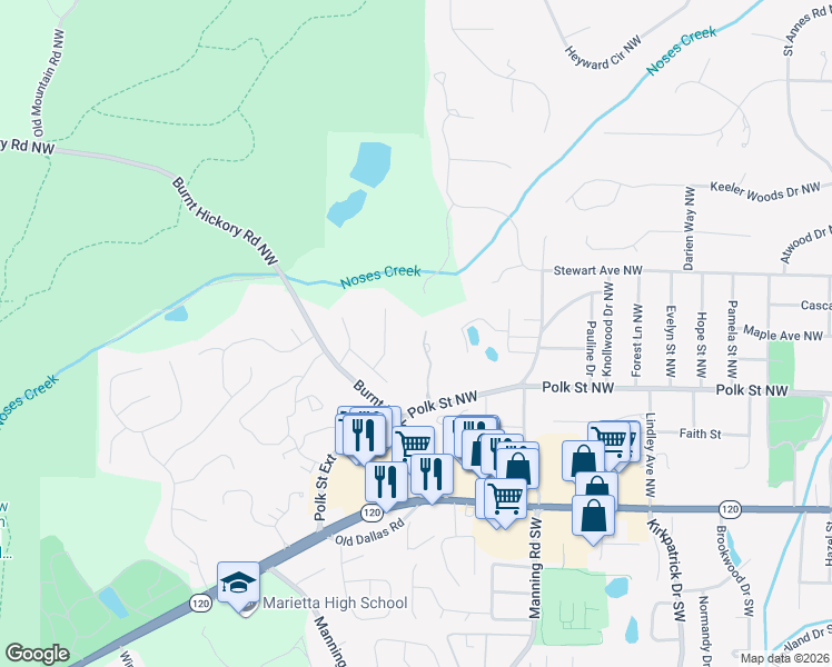map of restaurants, bars, coffee shops, grocery stores, and more near 251 Hanson Way Northwest in Marietta