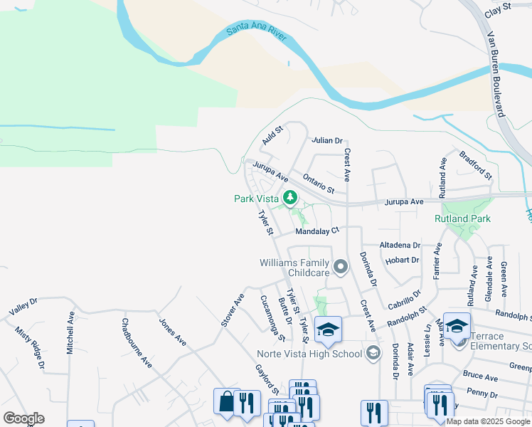 map of restaurants, bars, coffee shops, grocery stores, and more near 7051 Idyllwild Lane in Riverside