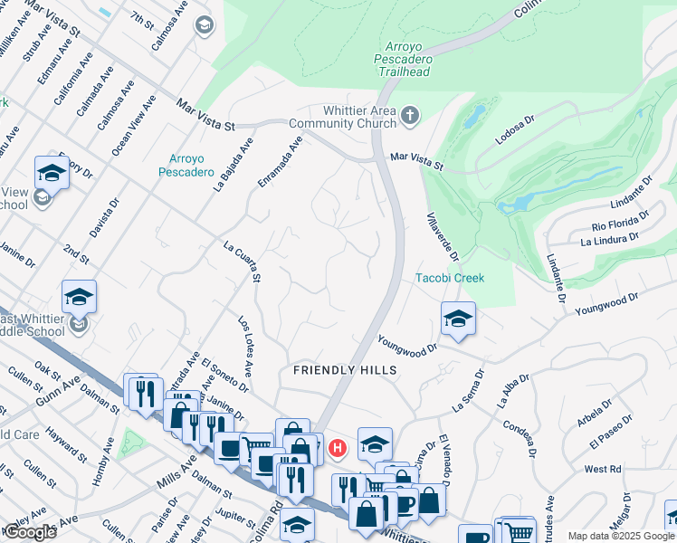 map of restaurants, bars, coffee shops, grocery stores, and more near 8562 La Sierra Avenue in Whittier