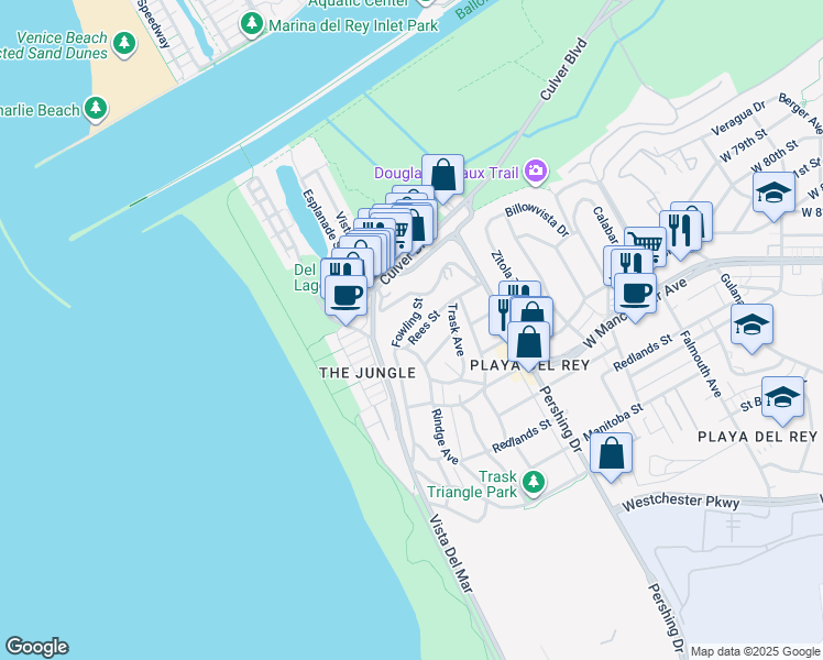 map of restaurants, bars, coffee shops, grocery stores, and more near 229 Rees Street in Los Angeles