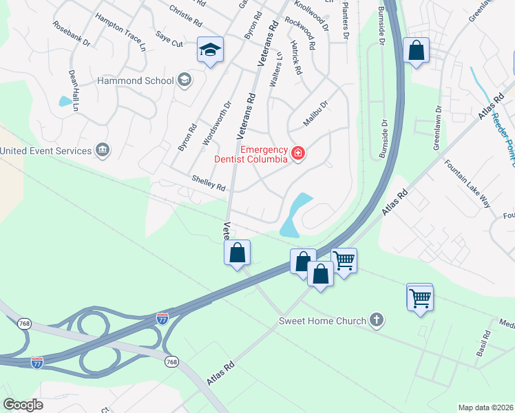 map of restaurants, bars, coffee shops, grocery stores, and more near 1218 Coatesdale Road in Columbia