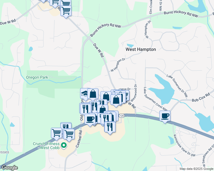 map of restaurants, bars, coffee shops, grocery stores, and more near 3475 Whisperwood Court Northwest in Marietta