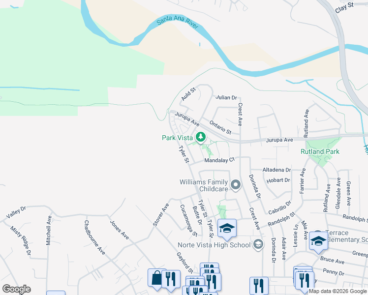 map of restaurants, bars, coffee shops, grocery stores, and more near 7051 Idyllwild Lane in Riverside