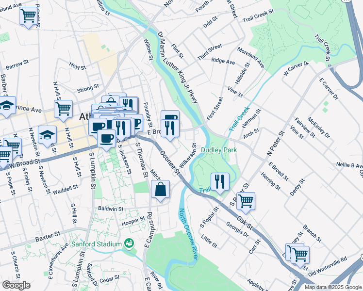 map of restaurants, bars, coffee shops, grocery stores, and more near 800 East Broad Street in Athens