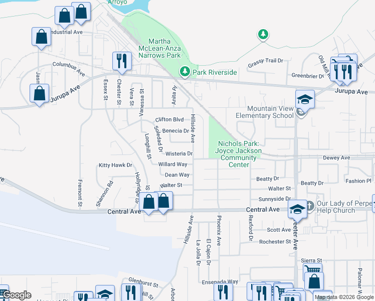 map of restaurants, bars, coffee shops, grocery stores, and more near 5713 Wisteria Drive in Riverside