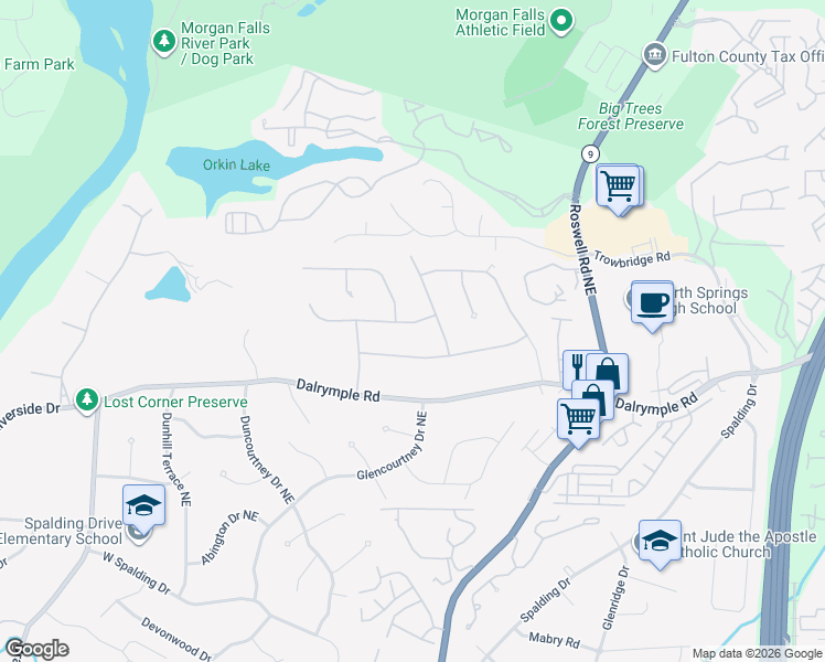 map of restaurants, bars, coffee shops, grocery stores, and more near 180 Old College Way Northeast in Atlanta
