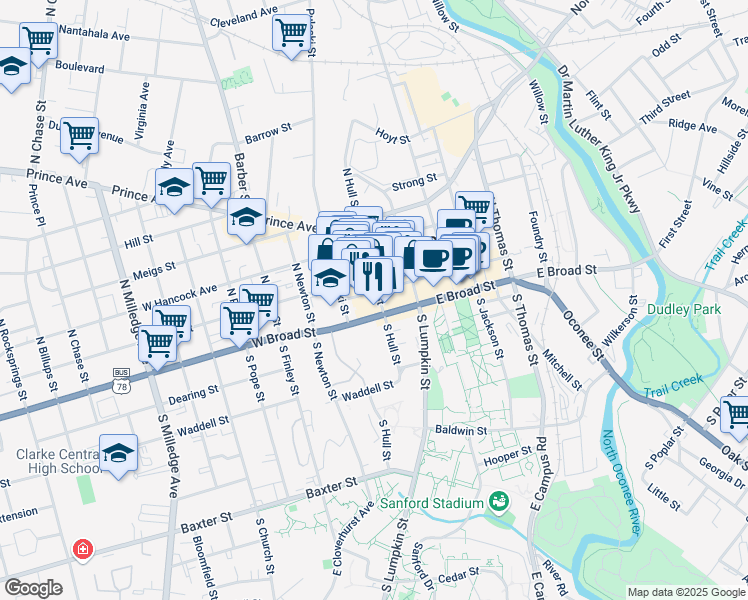 map of restaurants, bars, coffee shops, grocery stores, and more near 185 North Hull Street in Athens