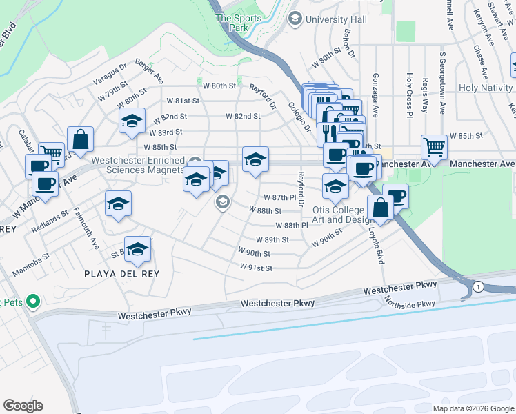 map of restaurants, bars, coffee shops, grocery stores, and more near 7370 West 88th Street in Los Angeles