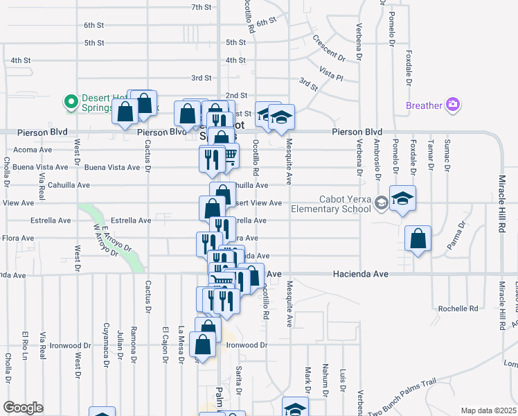 map of restaurants, bars, coffee shops, grocery stores, and more near 66635 Desert View Avenue in Desert Hot Springs