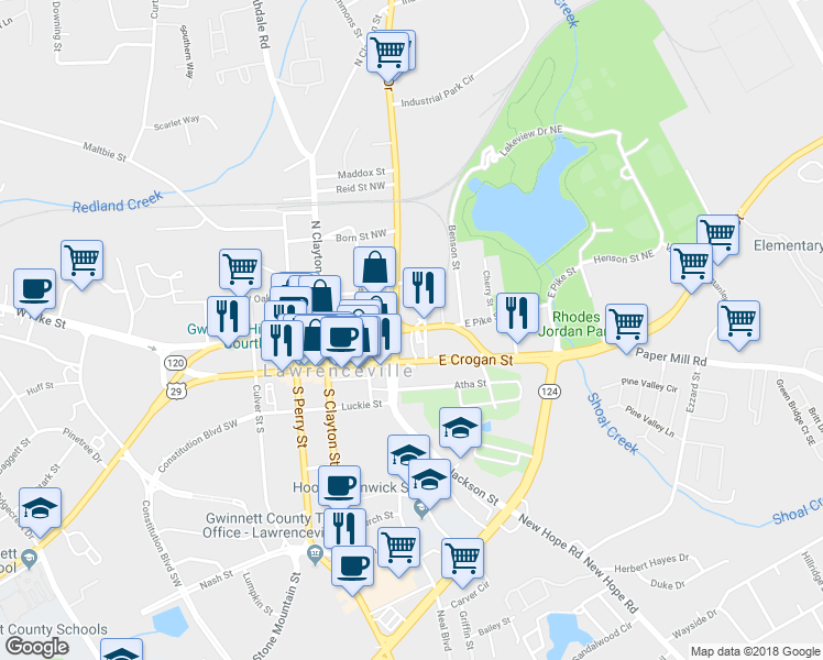 map of restaurants, bars, coffee shops, grocery stores, and more near 85 Georgia 8 in Lawrenceville