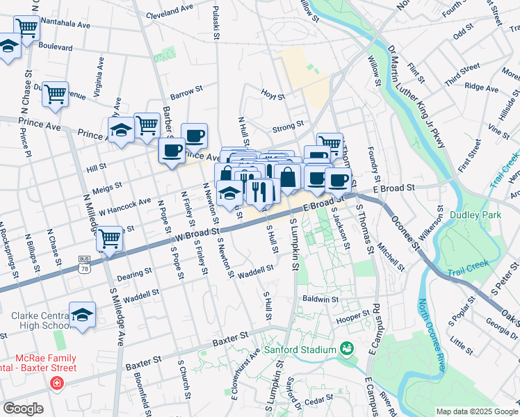 map of restaurants, bars, coffee shops, grocery stores, and more near 185 North Hull Street in Athens
