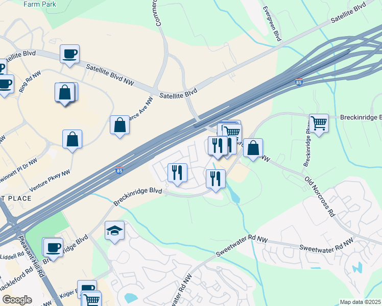 map of restaurants, bars, coffee shops, grocery stores, and more near 3199 Creston Park Court in Duluth