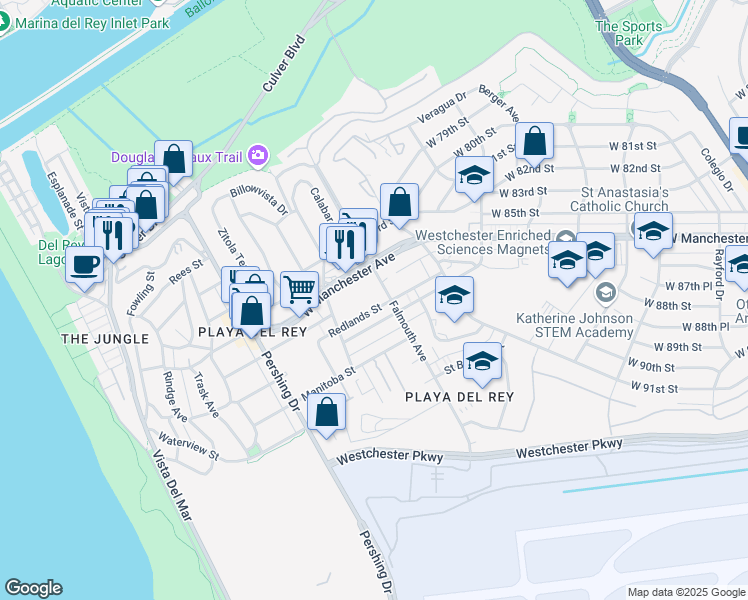 map of restaurants, bars, coffee shops, grocery stores, and more near 8601 Falmouth Avenue in Los Angeles
