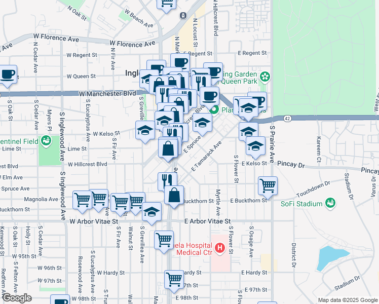 map of restaurants, bars, coffee shops, grocery stores, and more near in Inglewood