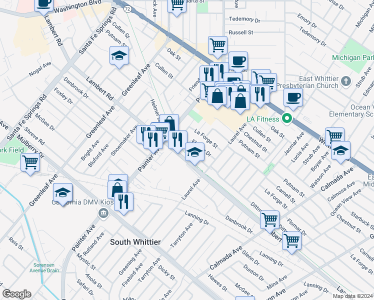 map of restaurants, bars, coffee shops, grocery stores, and more near 13510 Dittmar Drive in Whittier