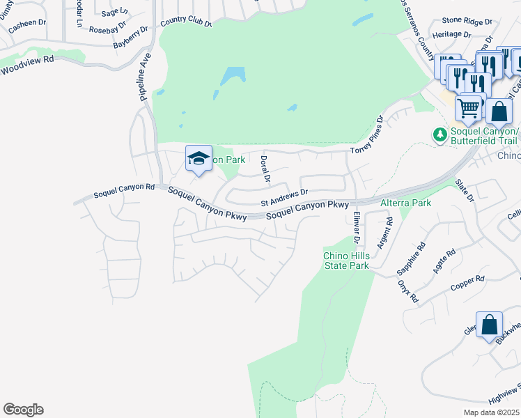 map of restaurants, bars, coffee shops, grocery stores, and more near 4395 Saint Andrews Drive in Chino Hills