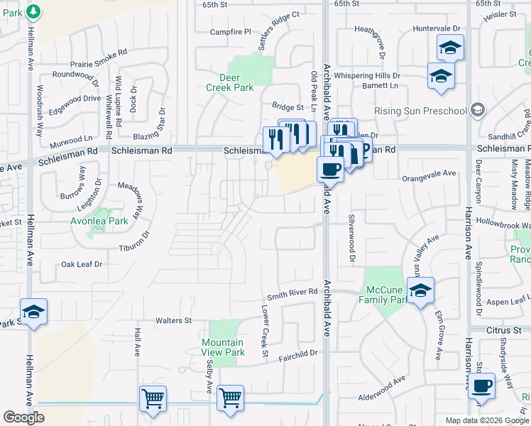 map of restaurants, bars, coffee shops, grocery stores, and more near 7217 Logsdon Drive in Corona