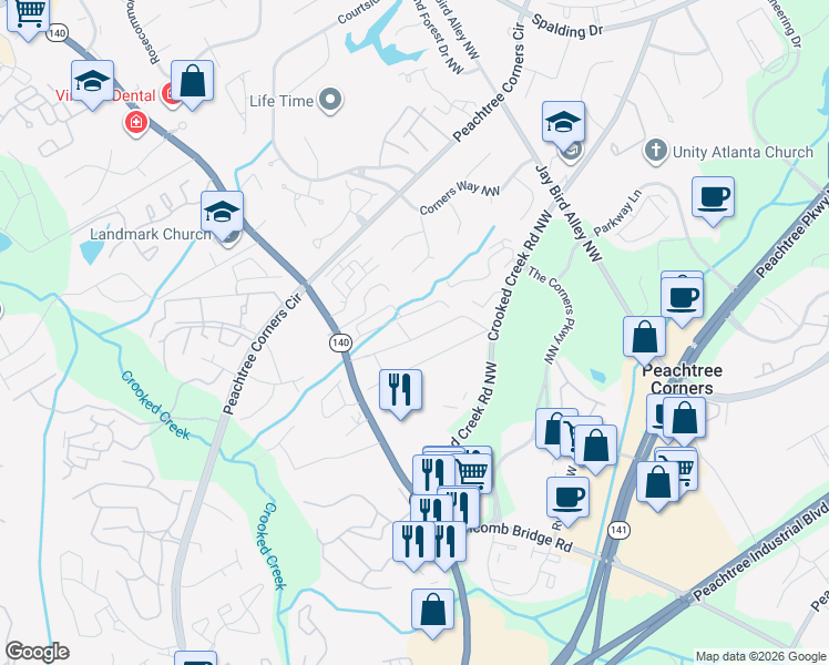 map of restaurants, bars, coffee shops, grocery stores, and more near 6218 Brookwood Road in Norcross
