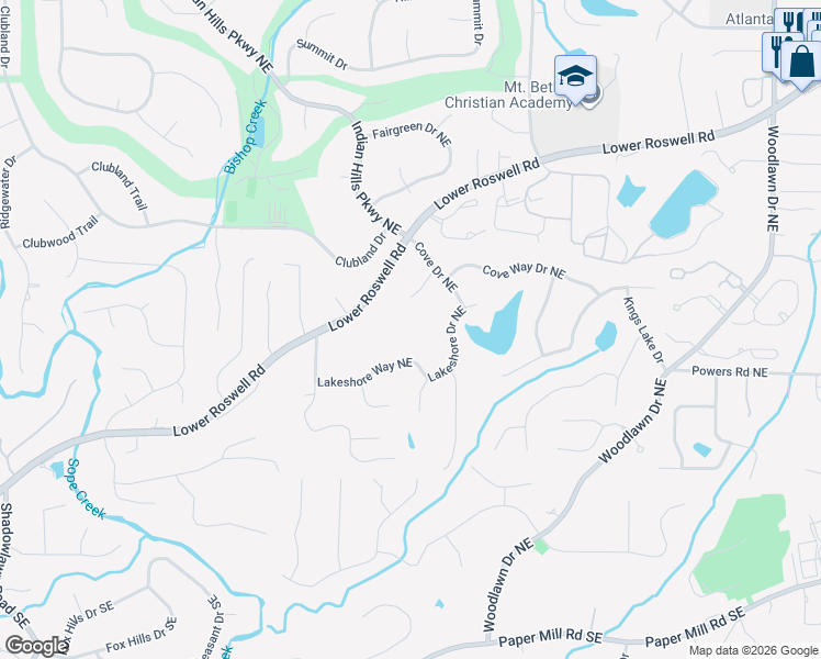 map of restaurants, bars, coffee shops, grocery stores, and more near 4154 Lakeshore Way Northeast in Marietta