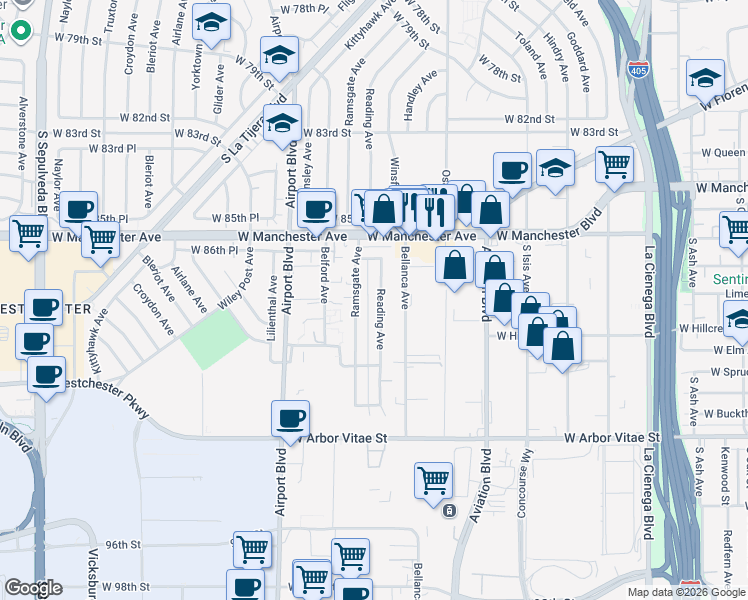 map of restaurants, bars, coffee shops, grocery stores, and more near 8807 Reading Avenue in Los Angeles