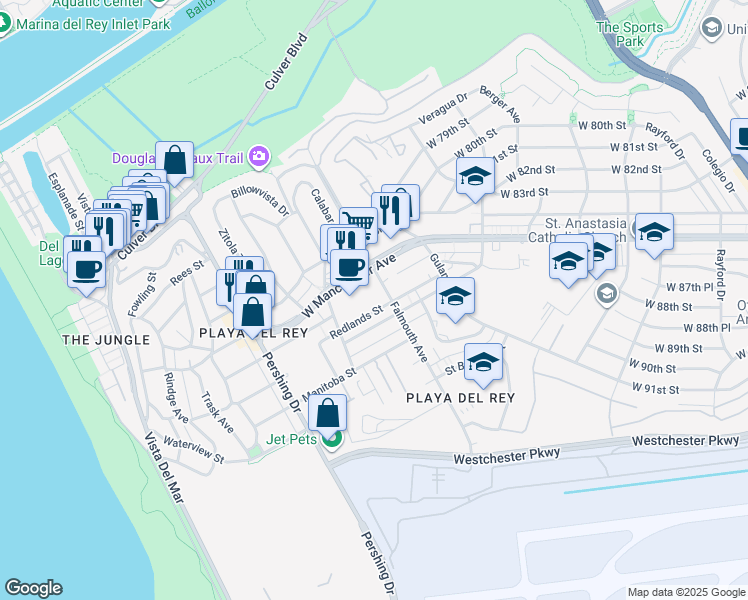 map of restaurants, bars, coffee shops, grocery stores, and more near 8601 Falmouth Avenue in Los Angeles