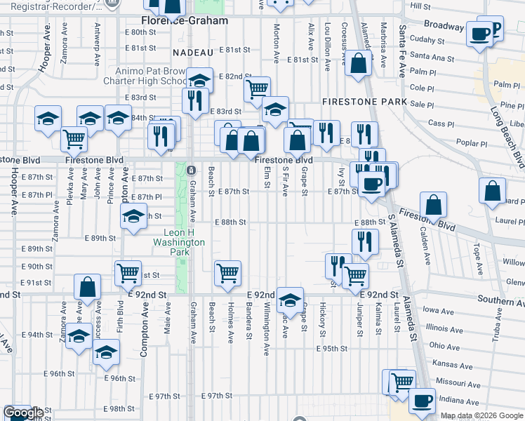 map of restaurants, bars, coffee shops, grocery stores, and more near 8725 Elm Street in Los Angeles