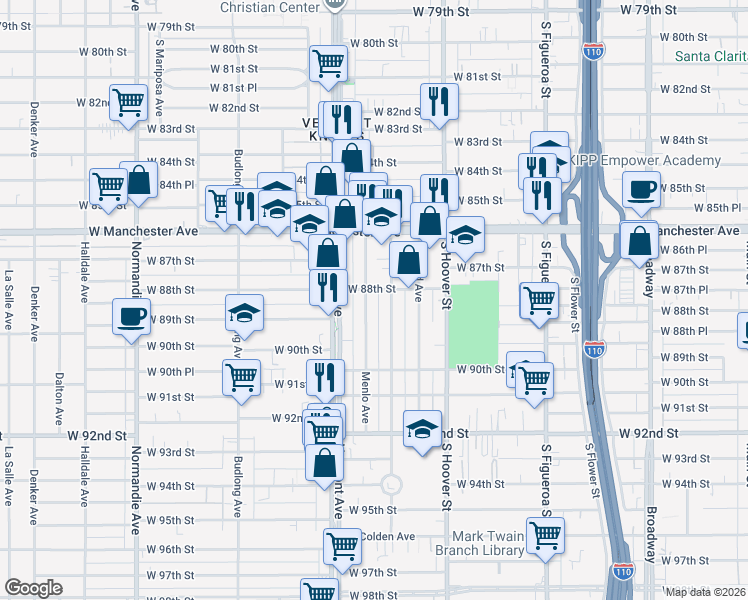 map of restaurants, bars, coffee shops, grocery stores, and more near 8810 Menlo Avenue in Los Angeles