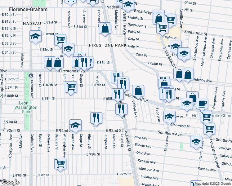 map of restaurants, bars, coffee shops, grocery stores, and more near 2200 East 88th Street in Los Angeles