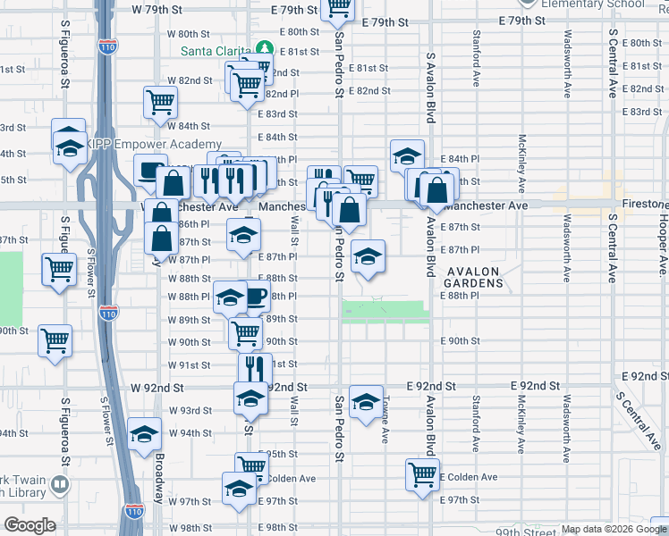 map of restaurants, bars, coffee shops, grocery stores, and more near 8763 San Pedro Street in Los Angeles