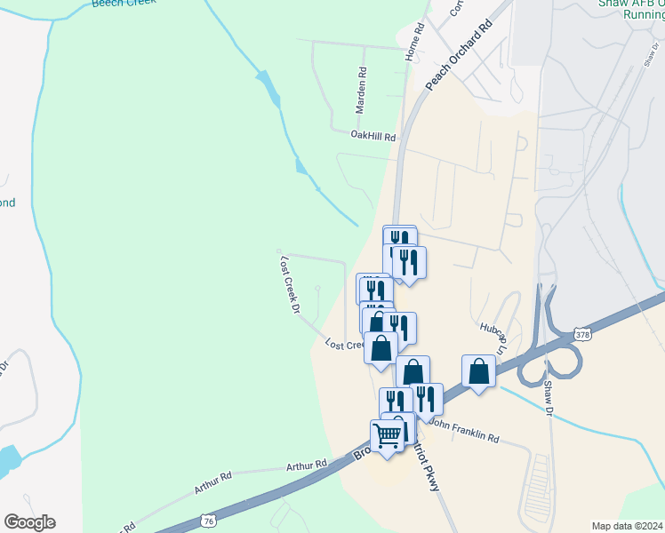map of restaurants, bars, coffee shops, grocery stores, and more near 5925 Lost Creek Drive in Sumter