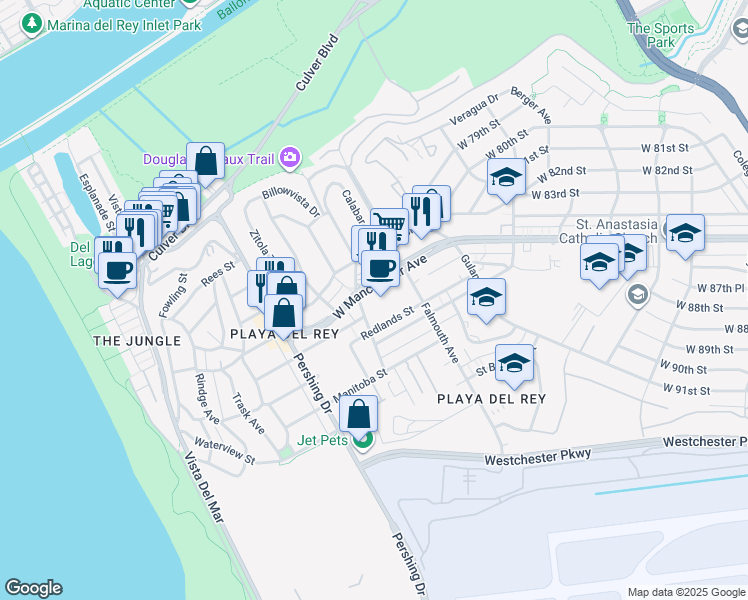 map of restaurants, bars, coffee shops, grocery stores, and more near 8512 Tuscany Avenue in Los Angeles