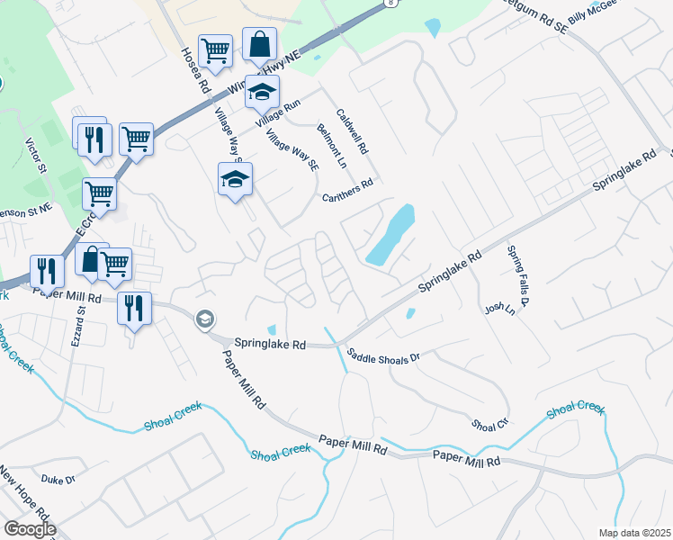 map of restaurants, bars, coffee shops, grocery stores, and more near 364 Springhaven Way Southeast in Lawrenceville
