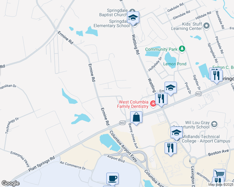 map of restaurants, bars, coffee shops, grocery stores, and more near 1128 West Fairhill Drive in West Columbia