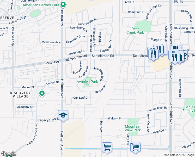 map of restaurants, bars, coffee shops, grocery stores, and more near 7192 Sheffield Street in Corona