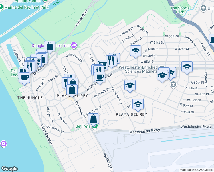 map of restaurants, bars, coffee shops, grocery stores, and more near 8601 Falmouth Avenue in Los Angeles