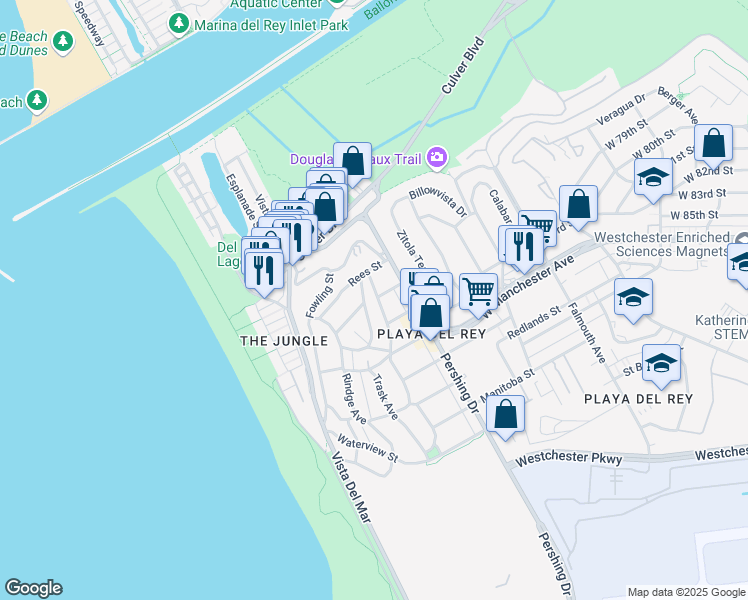 map of restaurants, bars, coffee shops, grocery stores, and more near 7031 Earldom Avenue in Los Angeles