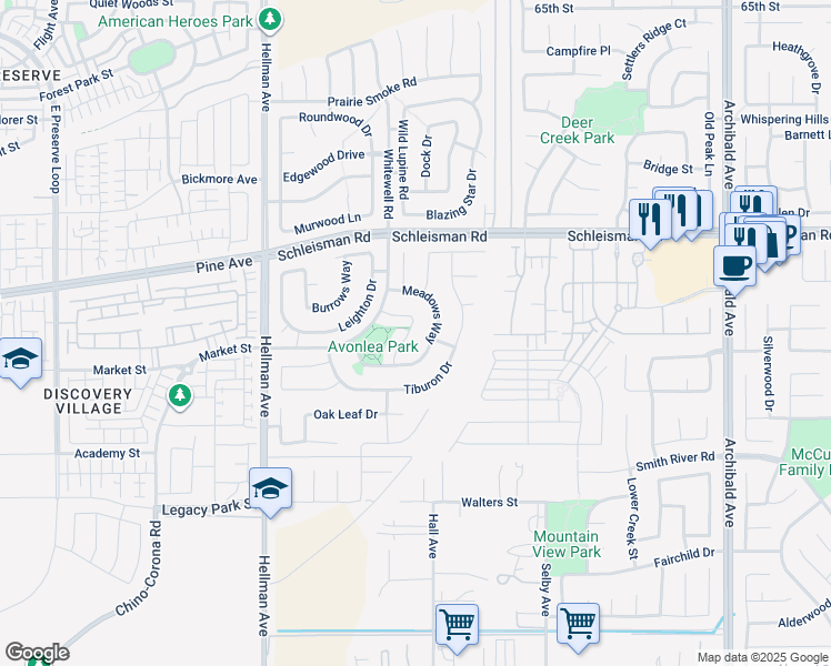 map of restaurants, bars, coffee shops, grocery stores, and more near 7192 Sheffield Street in Corona