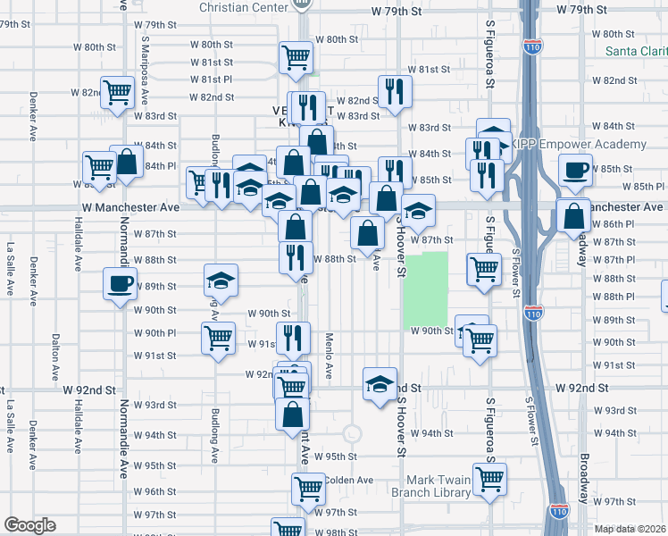 map of restaurants, bars, coffee shops, grocery stores, and more near 8810 Menlo Avenue in Los Angeles