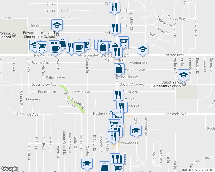 map of restaurants, bars, coffee shops, grocery stores, and more near 66425 Desert View Avenue in Desert Hot Springs
