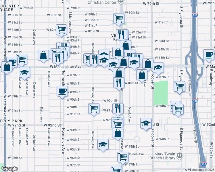 map of restaurants, bars, coffee shops, grocery stores, and more near 1115 West 89th Street in Los Angeles