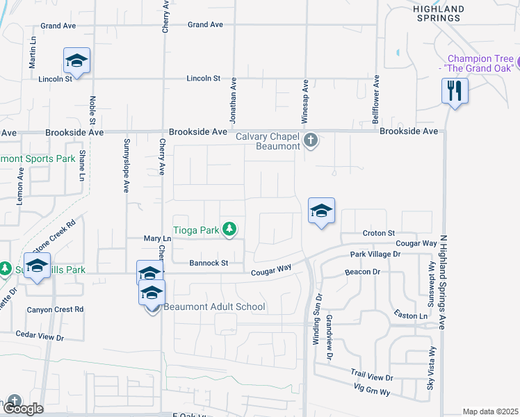 map of restaurants, bars, coffee shops, grocery stores, and more near 1410 Malta Street in Beaumont