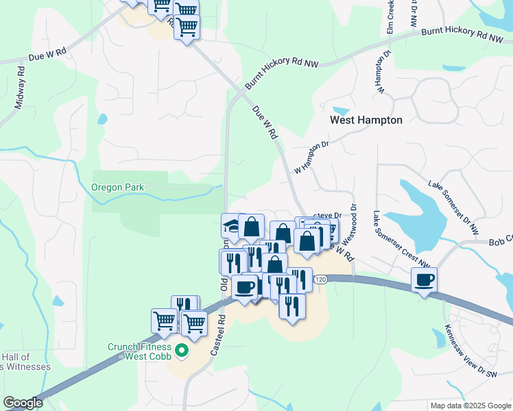 map of restaurants, bars, coffee shops, grocery stores, and more near 250 Whisperwood Lane in Marietta