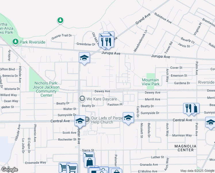 map of restaurants, bars, coffee shops, grocery stores, and more near 6375 Stearns Street in Riverside