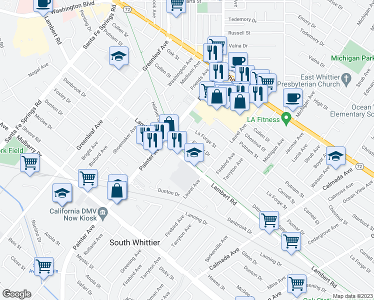 map of restaurants, bars, coffee shops, grocery stores, and more near 13510 Dittmar Drive in Whittier