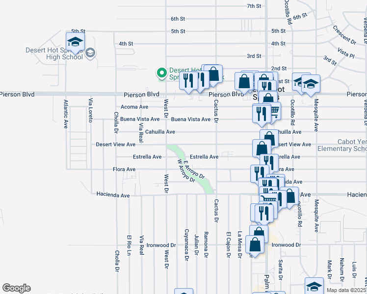 map of restaurants, bars, coffee shops, grocery stores, and more near 66114 Estrella Avenue in Desert Hot Springs