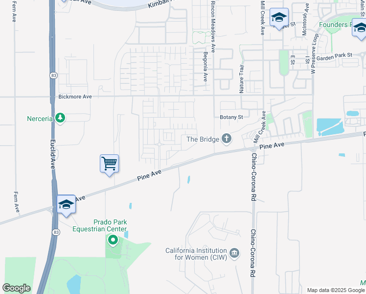 map of restaurants, bars, coffee shops, grocery stores, and more near 7550 Desert Holly Street in Chino