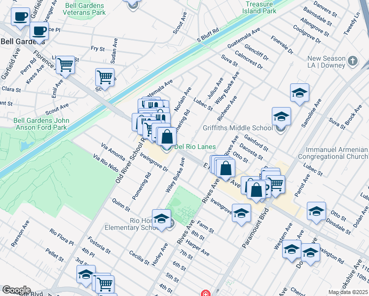 map of restaurants, bars, coffee shops, grocery stores, and more near in Downey